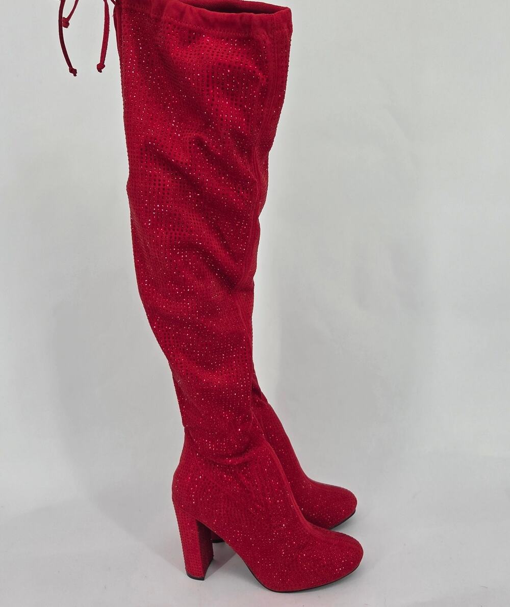 Forever Diamond Red Rhinestone Over the Knee Thigh High Heeled Boots NEW Size 10
